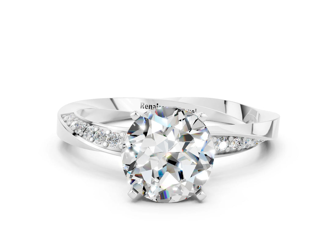 Silver Round Cut Moissanite Engagement Ring with Side Stone Accents and Four-Prong Setting_24