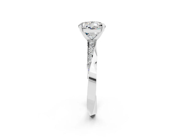 Silver Round Cut Moissanite Engagement Ring with Side Stone Accents and Four-Prong Setting