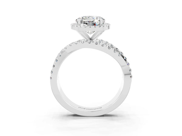 Silver Round Cut Moissanite Halo Ring with Round Split Shank and Prong Setting