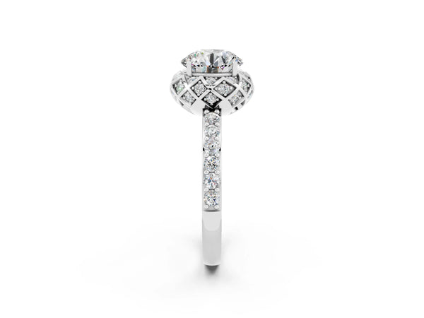 Silver Round Cut Moissanite Scalloped Halo Engagement Ring with Round Shared Prong Band