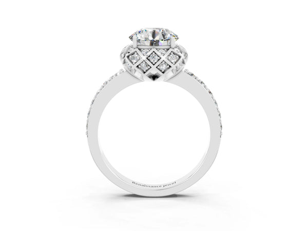 Silver Round Cut Moissanite Scalloped Halo Engagement Ring with Round Shared Prong Band