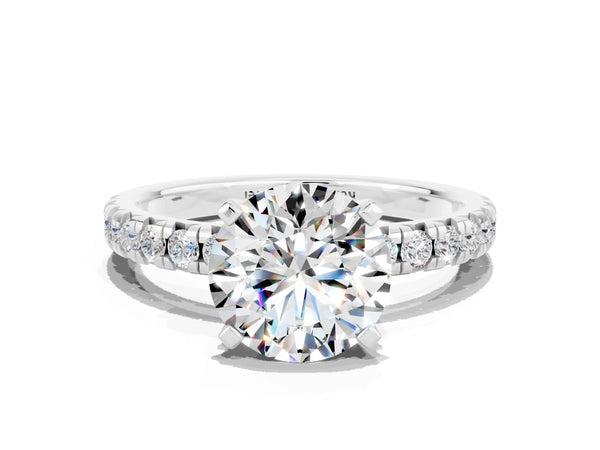 Silver Round Cut Moissanite Solitaire Pavé Engagement Ring with Round Band and Prong Setting