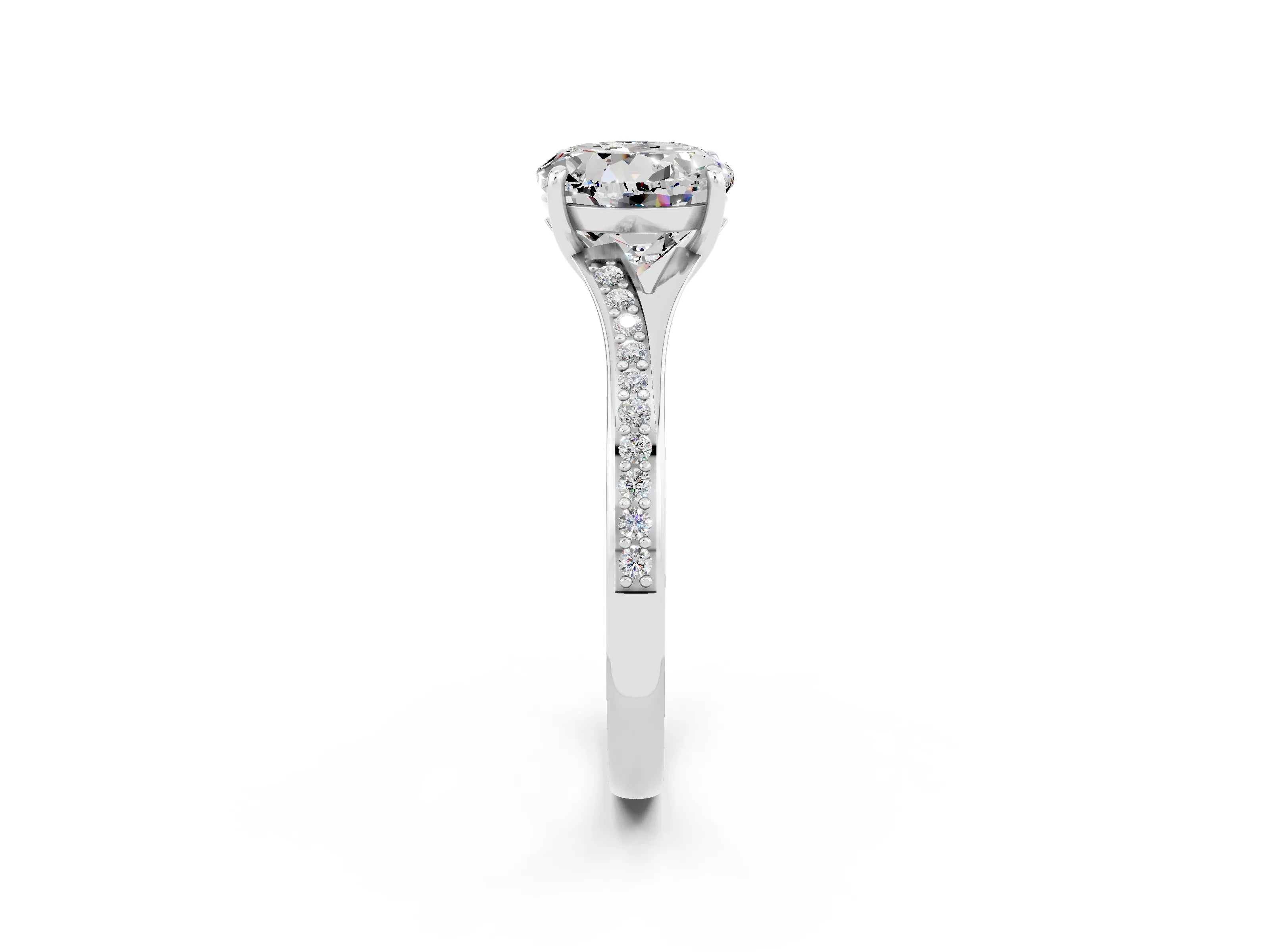 Silver Round Cut Moissanite Solitaire Ring with Pavé Band and Prong Setting_14