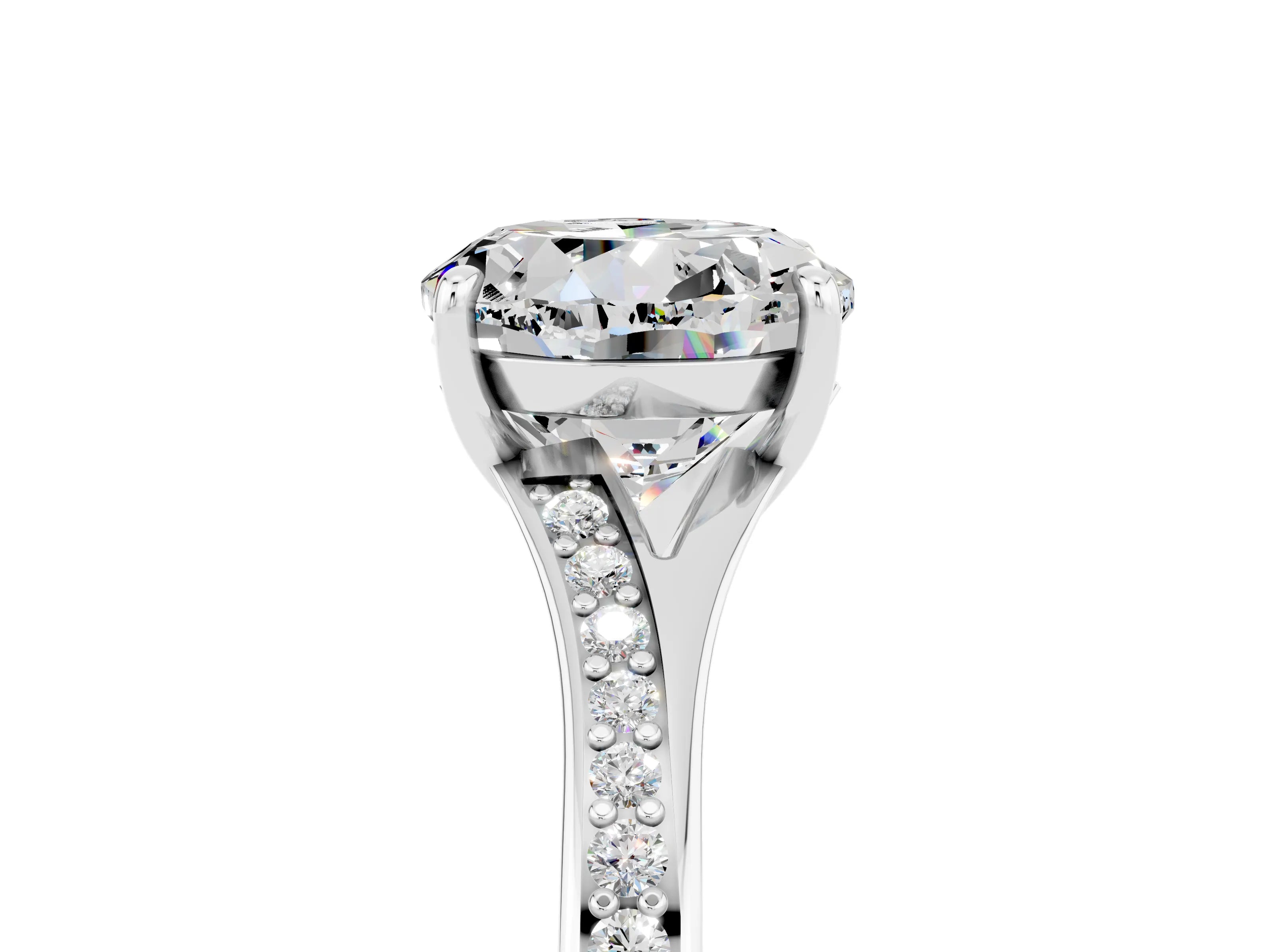 Silver Round Cut Moissanite Solitaire Ring with Pavé Band and Prong Setting_17