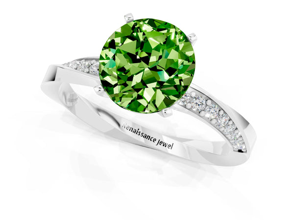 Silver Round Cut Peridot Engagement Ring with Side Stone Accents and Four-Prong Setting