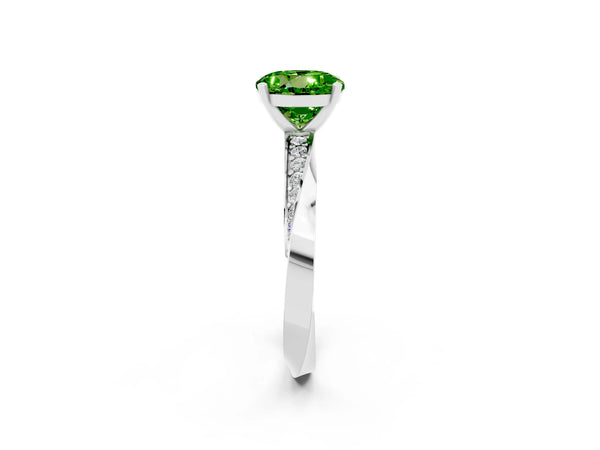 Silver Round Cut Peridot Engagement Ring with Side Stone Accents and Four-Prong Setting