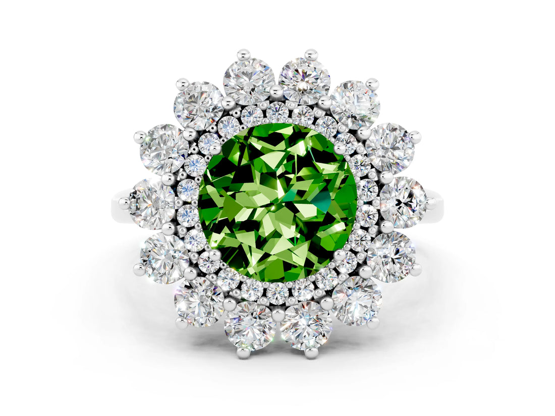 Silver Round Cut Peridot Floral Double Halo Engagement Ring with Prong Setting_186