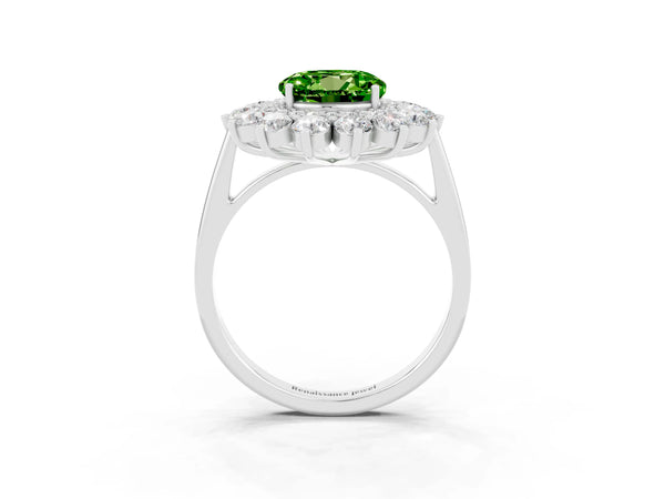 Silver Round Cut Peridot Floral Double Halo Engagement Ring with Prong Setting