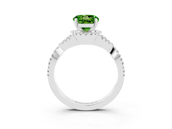 Silver Round Cut Peridot  Halo Twist Band Solitaire Prong Setting Ring