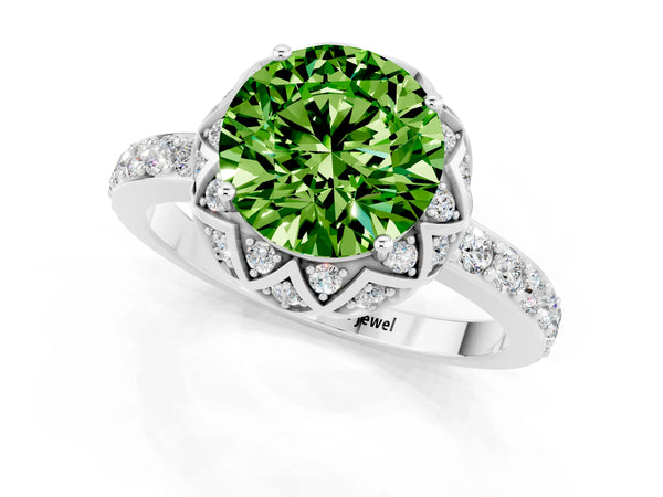 Silver Round Cut Peridot Scalloped Halo Engagement Ring with Round Shared Prong Band