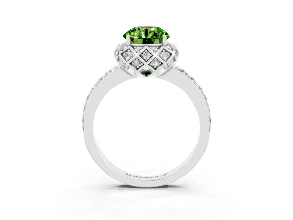 Silver Round Cut Peridot Scalloped Halo Engagement Ring with Round Shared Prong Band