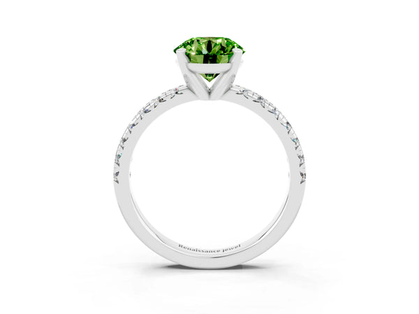 Silver Round Cut Peridot Solitaire Pavé Engagement Ring with Round Band and Prong Setting