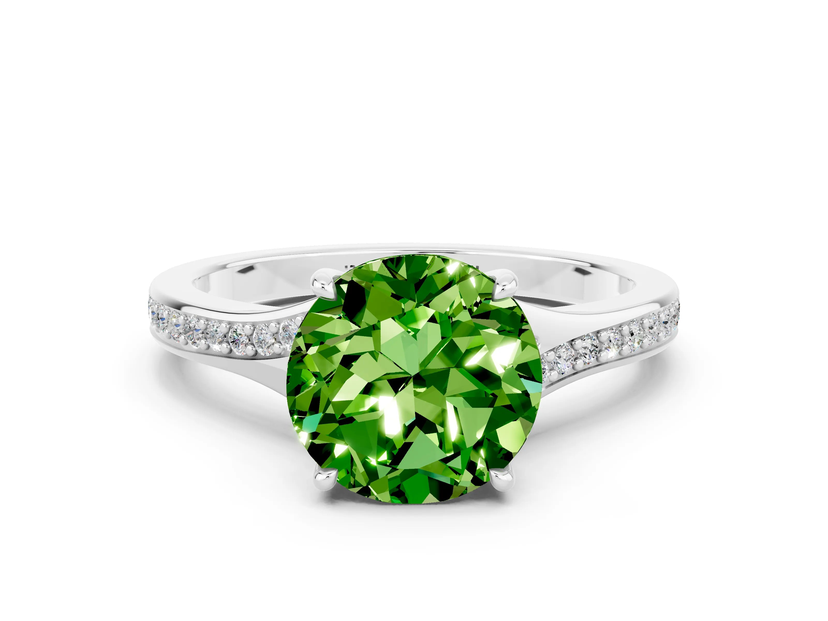 Silver Round Cut Peridot Solitaire Ring with Pavé Band and Prong Setting_12