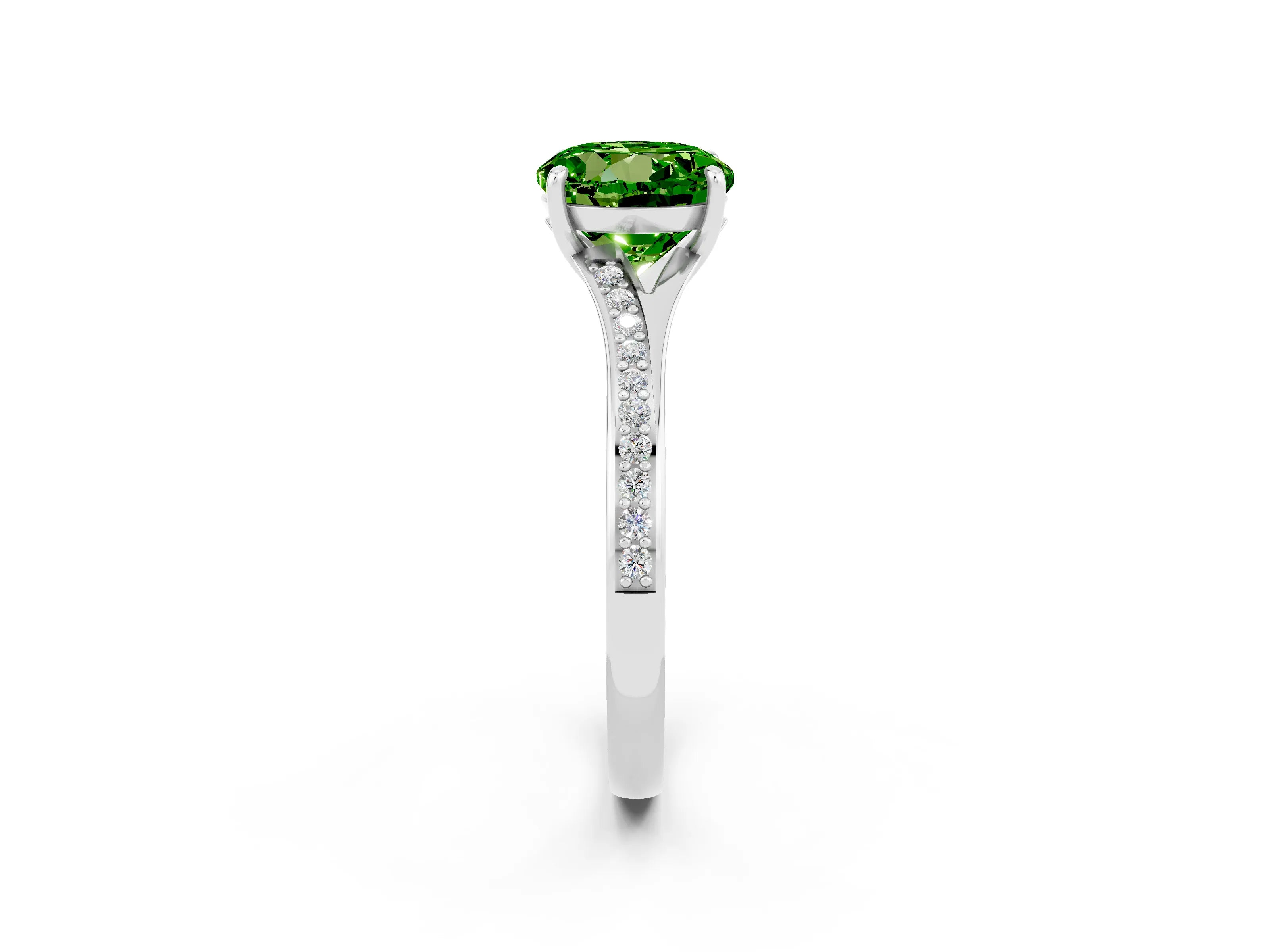 Silver Round Cut Peridot Solitaire Ring with Pavé Band and Prong Setting_14