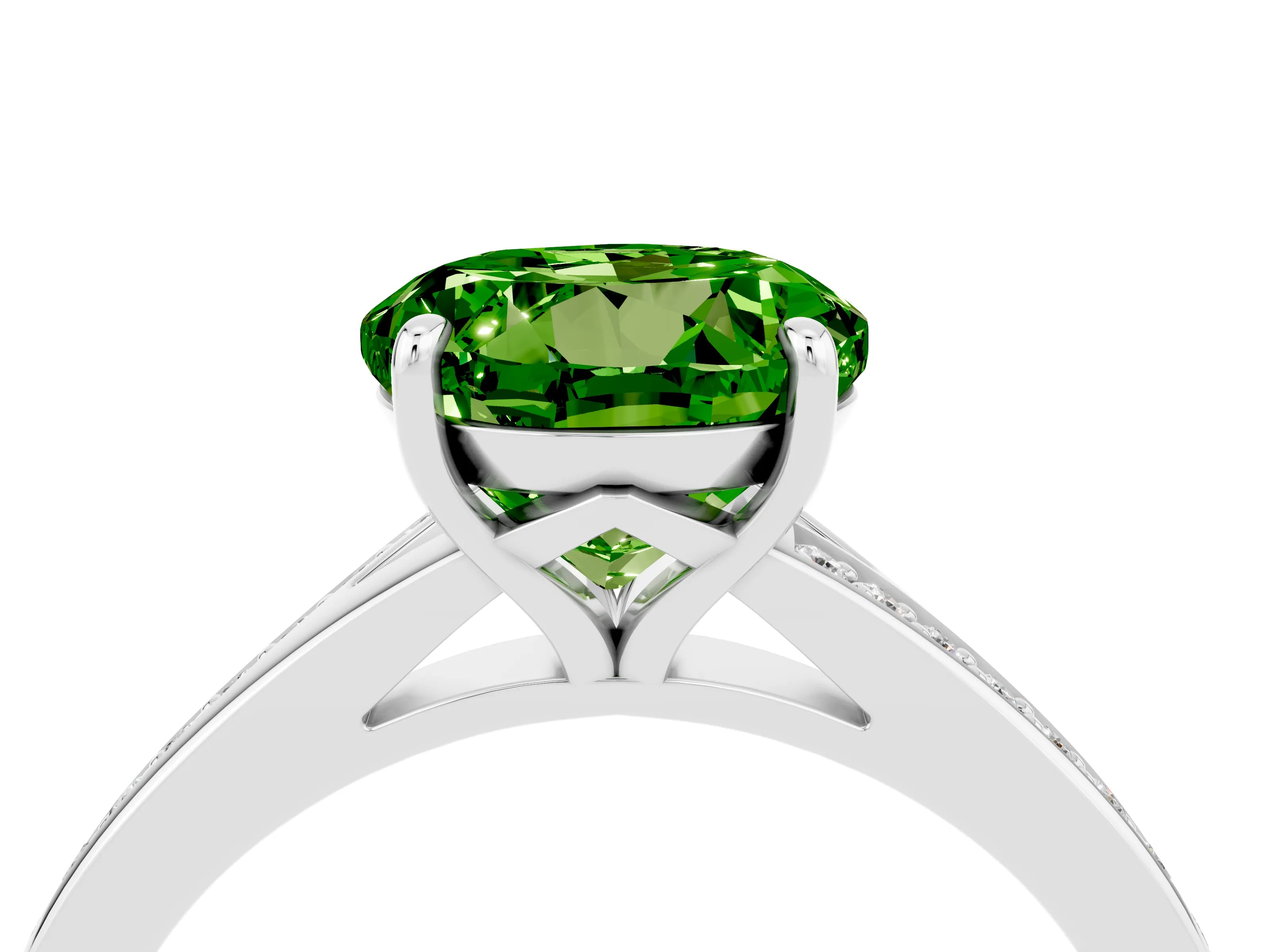 Silver Round Cut Peridot Solitaire Ring with Pavé Band and Prong Setting_16