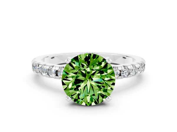 Silver Round Cut Peridot Solitaire Ring with Round Pavé Band and Four-Prong Setting
