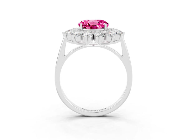 Sterling Silver Round Lab-Grown Pink Sapphire Floral Double Halo Engagement Ring with Plain Band
