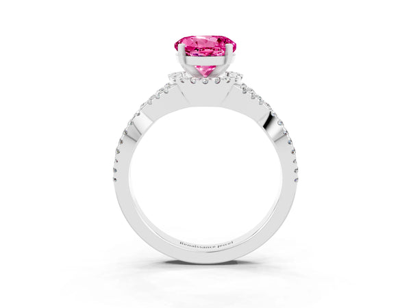 Silver Round Cut Pink Sapphire  Halo Twist Band Solitaire Prong Setting Ring