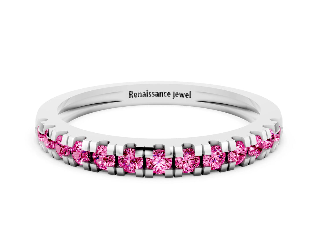 Silver Round Cut Pink Sapphire Pavé Set Thin Band_6