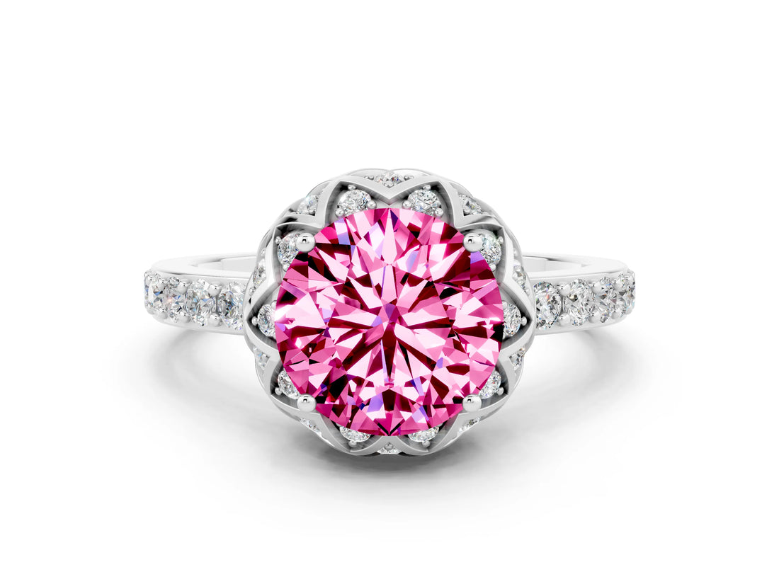 Silver Round Cut Pink Sapphire Scalloped Halo Engagement Ring with Round Shared Prong Band_84