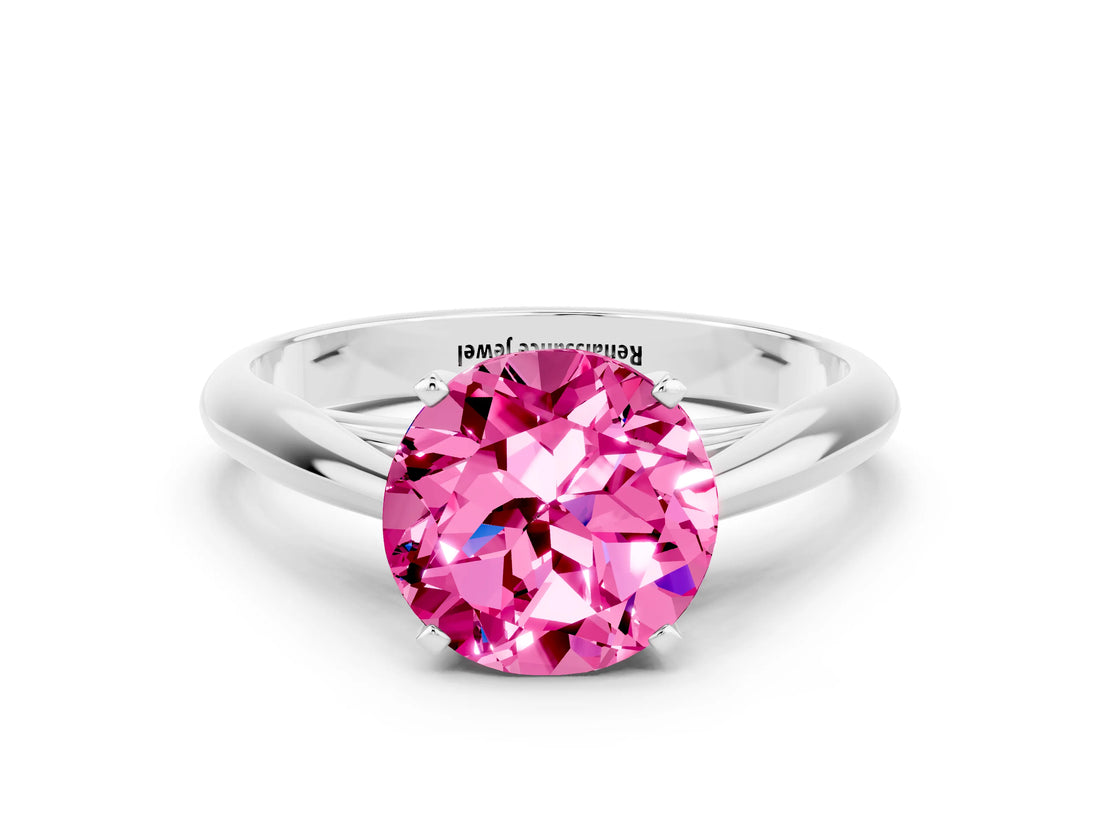 Silver Round Cut Pink Sapphire Solitaire Engagement Ring with Cathedral Setting and Four-Prong Mount_12