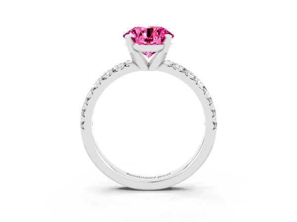 Silver Round Cut Pink Sapphire Solitaire Pavé Engagement Ring with Round Band and Prong Setting