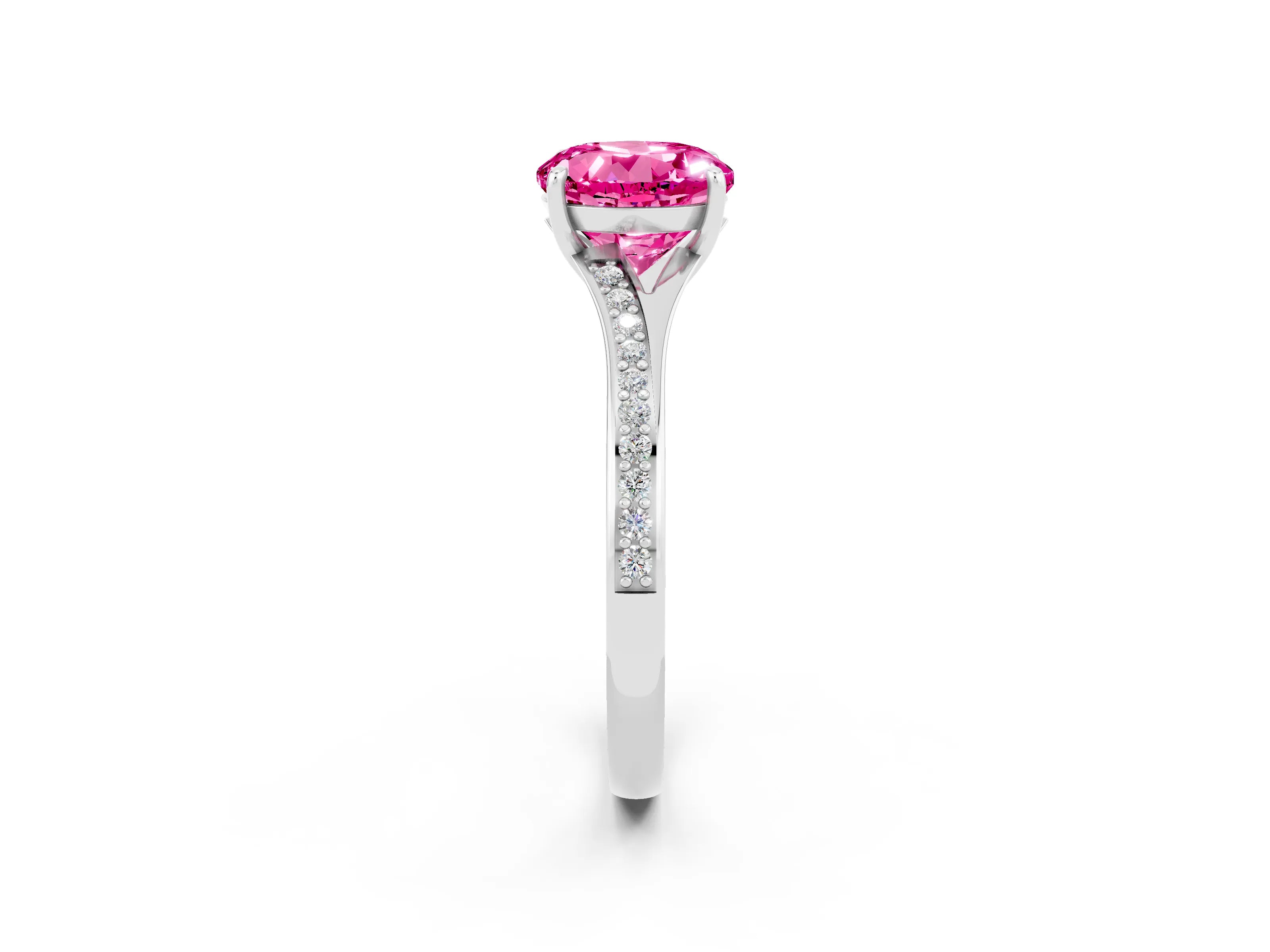 Silver Round Cut Pink Sapphire Solitaire Ring with Pavé Band and Prong Setting_14