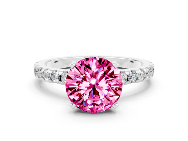 Silver Round Cut Pink Sapphire Solitaire Ring with Round Pavé Band and Four-Prong Setting