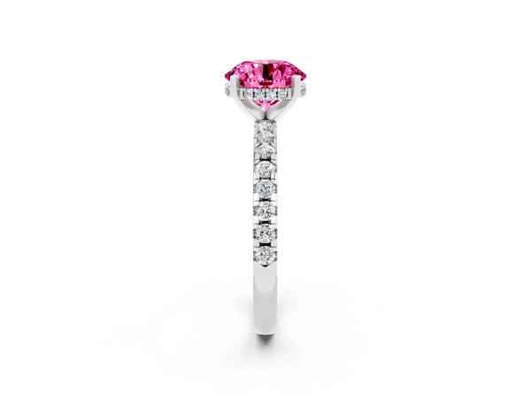 Silver Round Cut Pink Sapphire Solitaire Ring with Round Pavé Band and Four-Prong Setting