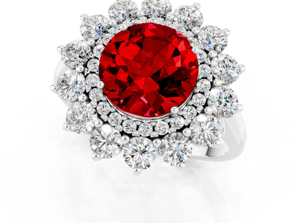 Sterling Silver Round Lab-Grown Ruby Floral Double Halo Engagement Ring with Plain Band