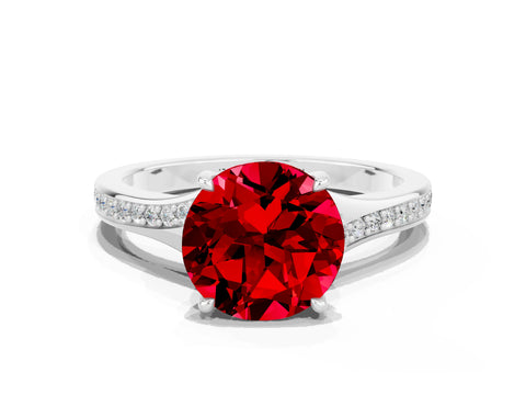 Silver Round Cut Ruby Solitaire Ring with Pavé Band and Prong Setting_12