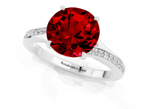 Silver Round Cut Ruby Solitaire Ring with Pavé Band and Prong Setting_13
