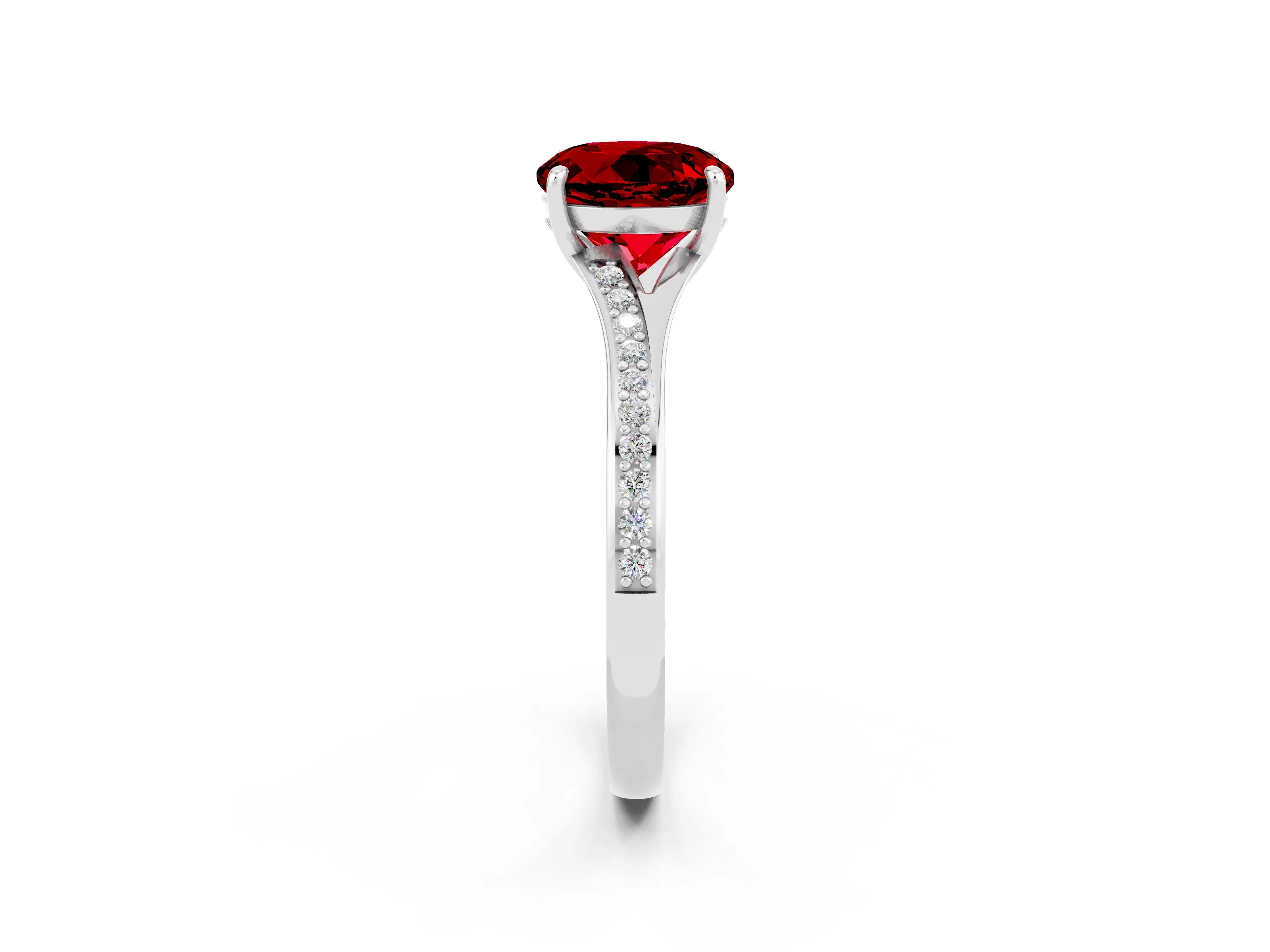Silver Round Cut Ruby Solitaire Ring with Pavé Band and Prong Setting_14