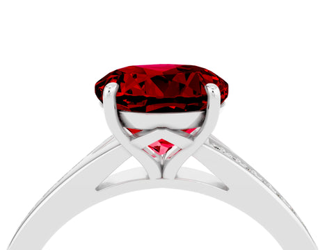 Silver Round Cut Ruby Solitaire Ring with Pavé Band and Prong Setting_16