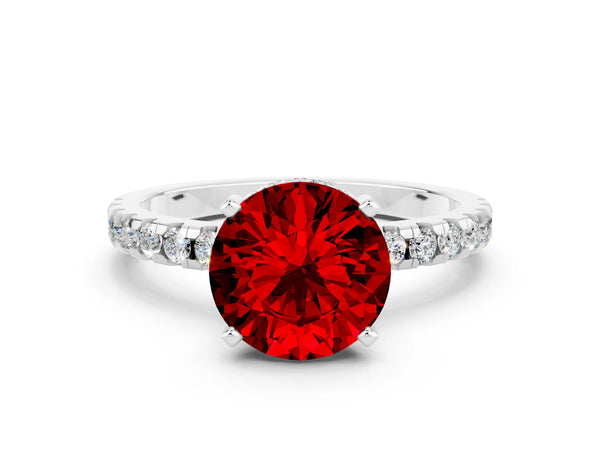 Silver Round Cut Ruby Solitaire Ring with Round Pavé Band and Four-Prong Setting