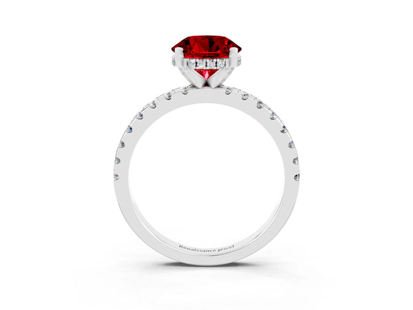 Silver Round Cut Ruby Solitaire Ring with Round Pavé Band and Four-Prong Setting