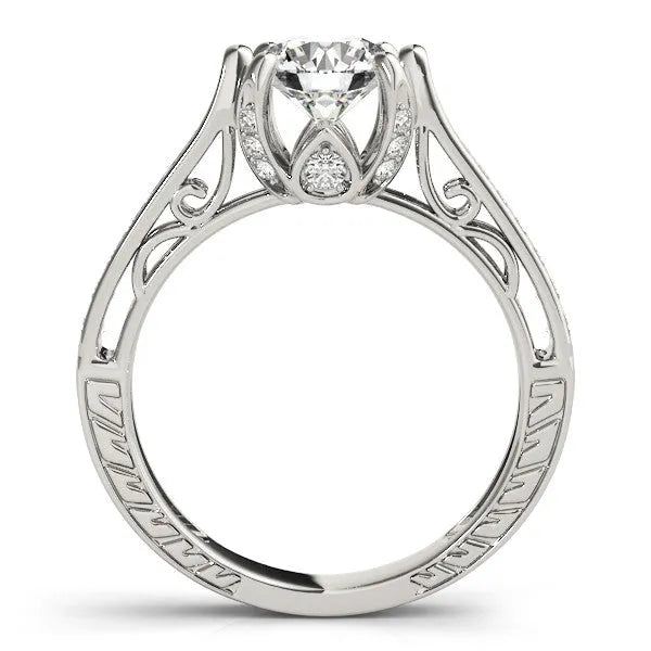 Silver Round Cut Solitaire Diamond Ring with Pavé Band and Six-Prong Setting