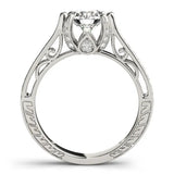 Silver Round Cut Solitaire Diamond Ring with Pavé Band and Six-Prong Setting