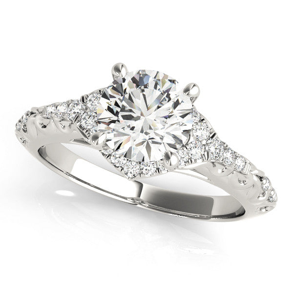 Silver Round Cut Solitaire Diamond Ring with Pave Band and Four-Prong Setting 1