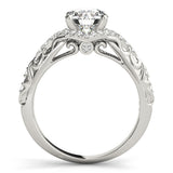 Silver Round Cut Solitaire Diamond Ring with Pave Band and Four-Prong Setting
