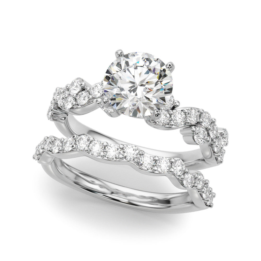 Silver Round Cut Solitaire Diamond Twisted Band with Pave Setting