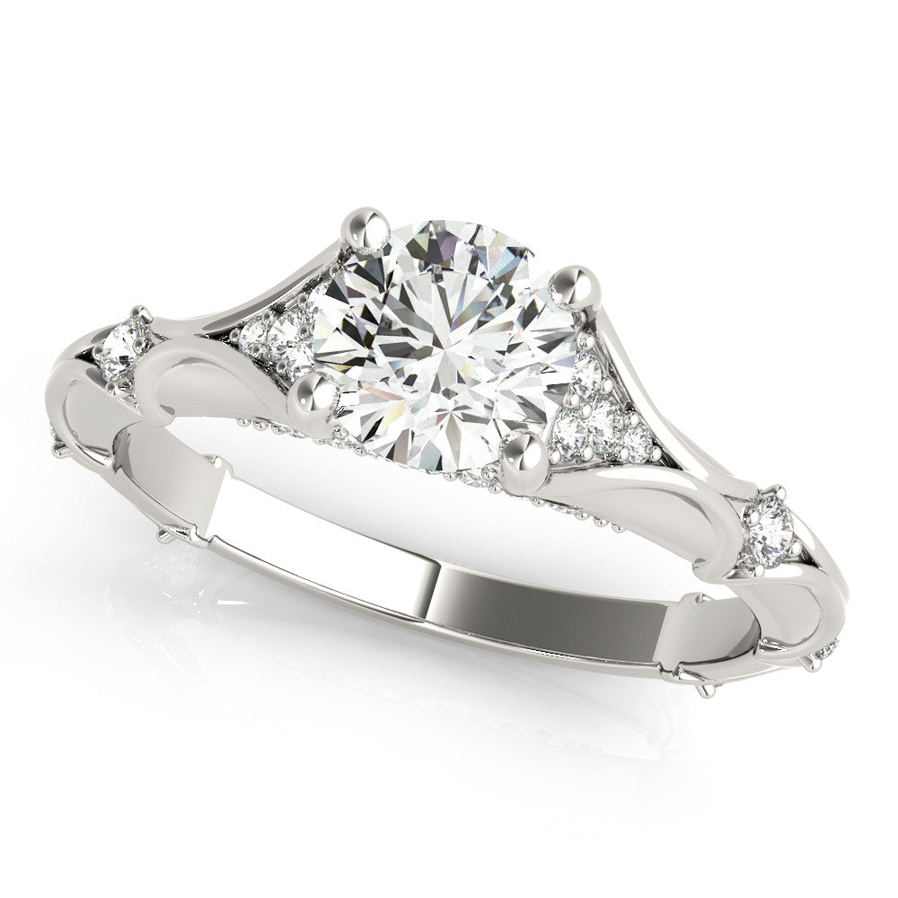 Silver Round Cut Solitaire Engagement Ring with Pave Band and Four-Prong Setting 1