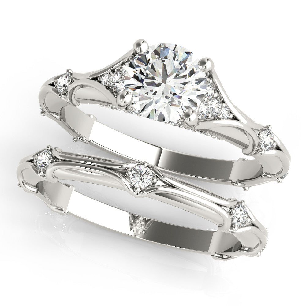 Silver Round Cut Solitaire Engagement Ring with Pave Band and Four-Prong Setting 2