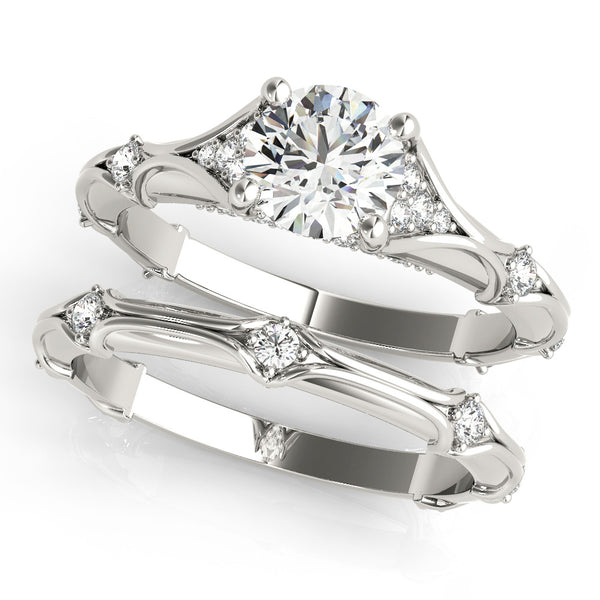 White gold Round Cut Solitaire Engagement Ring with Pave Band and Four-Prong Setting