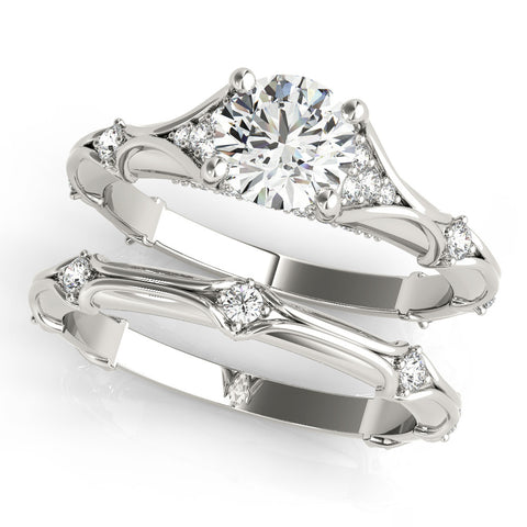 Silver Round Cut Solitaire Engagement Ring with Pave Band and Four-Prong Setting 2