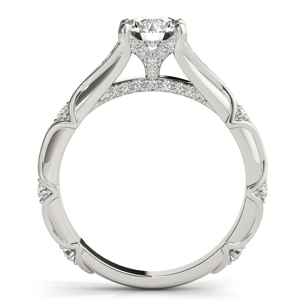 Silver Round Cut Solitaire Engagement Ring with Pave Band and Four-Prong Setting