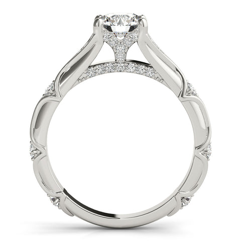 Silver Round Cut Solitaire Engagement Ring with Pave Band and Four-Prong Setting