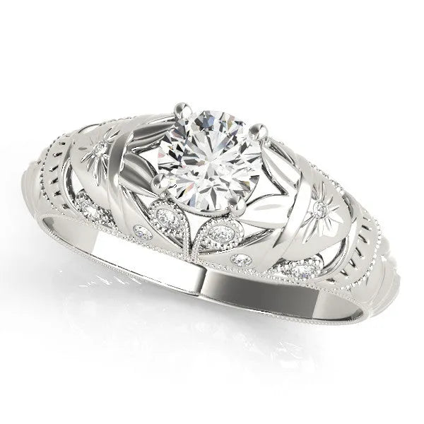 Silver Round Cut Solitaire Floral Filigree Engagement Ring with Bezel Prong Setting