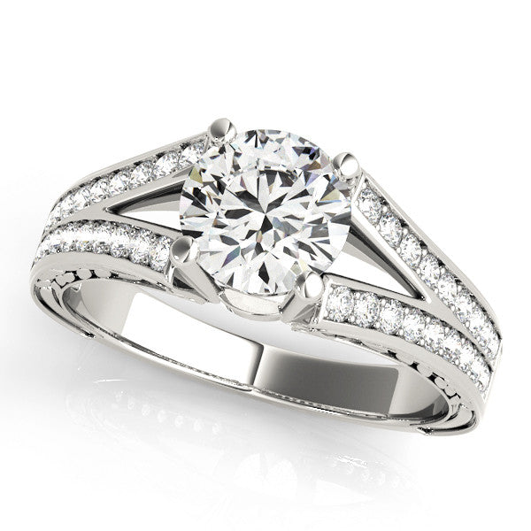 14K White Gold 2.04 Carat D VVS2 Round Cut Split Shank Pave Diamond Ring with Four-Prong Setting