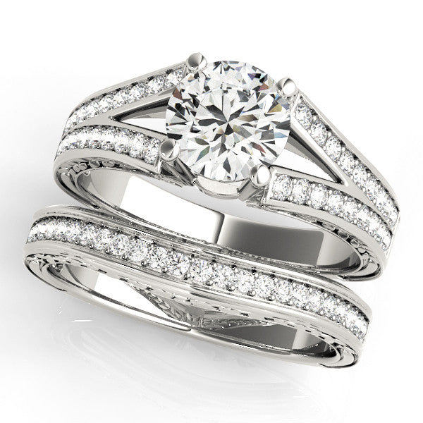 Silver Round Cut Split Shank Pave Diamond Ring with Four-Prong Setting